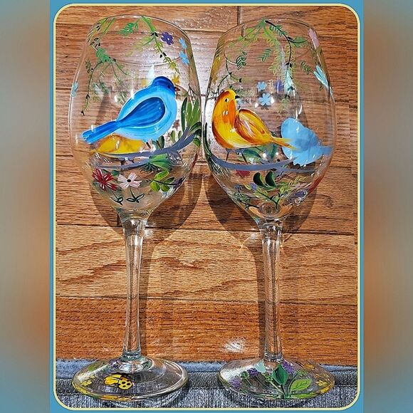 Pair (2) Tall 9" Painted #Wine Glasses #Tropical Birds Butterflies Leaves #NWOT - Picture 2 of 9